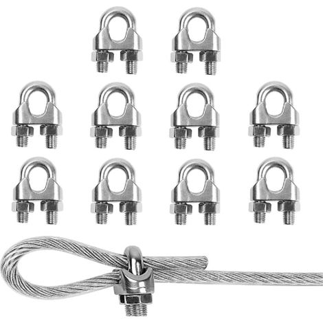 Lot de 10 serre-câbles M6 pour étriers en U en acier galvanisé, pour la fixation de cordes et de câbles de tension (fil de tension de jardin). (1/5)