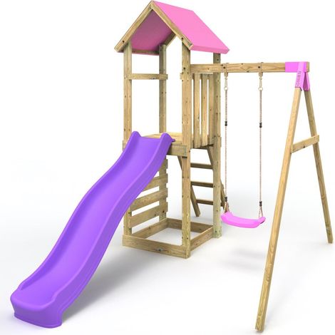 Rebo Adventure Wooden Climbing Frame, Swing Set and Slide - Rushmore Pink