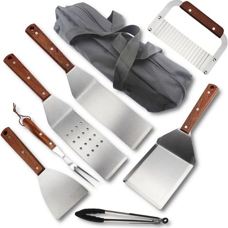 Set d'ustensiles pour barbecue – Kit de 8 accessoires de grillade en acier inoxydable avec manches en bois – Ensemble d'ustensiles et accessoires pour barbecue livré dans un sac de rangement (1/5)