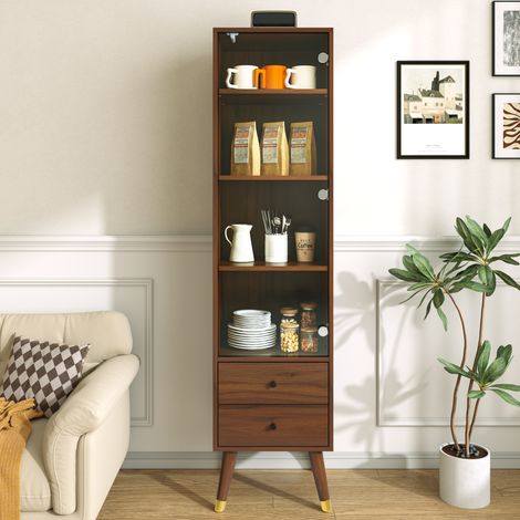 Meuble de rangement haut design avec porte en verre, vitrine à étagères ajustables et 2 tiroirs, armoire autoportante pour séjour, salle de bain et bureau, finition bois de noyer (1/5)