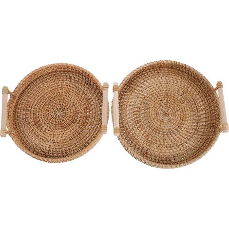 Plateau de service rond en rotin tressé à la main INOOMP 2 pièces pour le rangement salle bain , ave