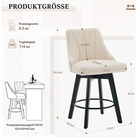 Tabouret de bar moderne 030 avec dossier, chaise de bar rembourrée en tissu avec repose-pieds, tabouret de bar pour comptoir de cuisine, îlot, bar, salle à manger – lot de 2, beige (1/5)