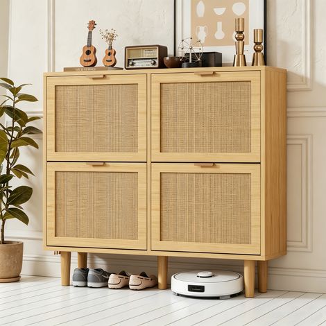 Meuble à Chaussures - 4 Abattants - Grande Capacité 28 Paires - Scandinave Naturel - Entrée et Couloir - Bois Chêne et Rotin (1/5)