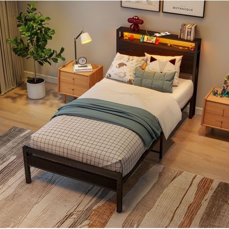 Lit métallique 90x200 avec rangement, USB et LED, noir, OKWISH (1/5)