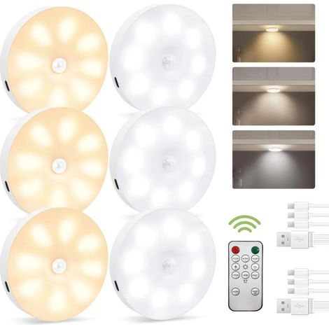 Juego de 6 luces nocturnas con sensor de movimiento, lámparas LED recargables por USB en tres colores, iluminación interior con sensor de movimiento para iluminar escaleras, dormitorio, cocina y sala  (1/4)