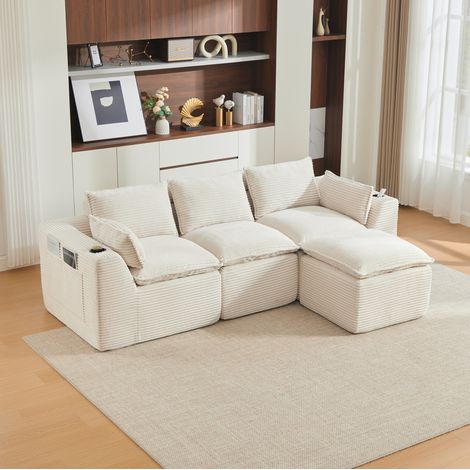 Canapé modulable 3 places en velours côtelé beige avec pouf, coussins et poches latérales (1/5)