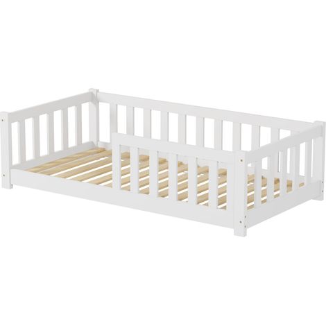 FURNITURE HMD Children's Bed with Full-Length Guardrails Slatted Bed Frame Toddler Floor Bed,Solid Pine Wood,80x160cm