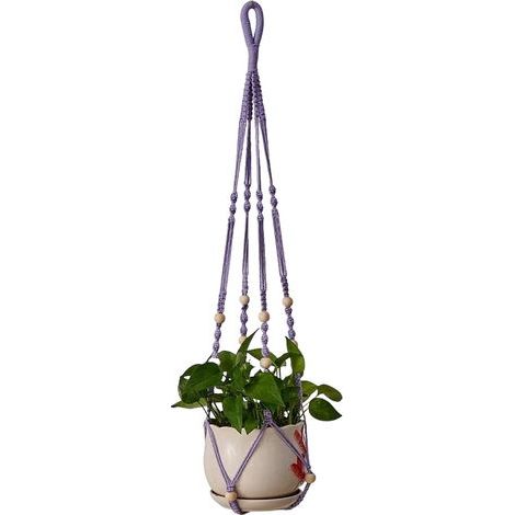 Panier suspendu pour plantes en corde de coton violette, 98 cm, avec perles en bois, pour décoration intérieure, crochets non inclus. (1/5)
