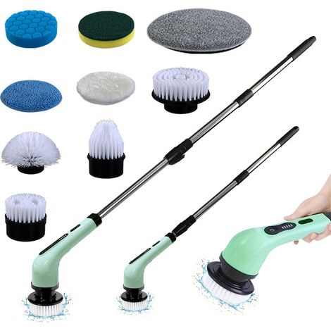 Brosse de nettoyage électrique rotative, efficacité sans effort, manche extensible, multifonctionnelle et sans fil, 9 têtes de brosse interchangeables, 2 vitesses réglables, manche ajustable et amovib (1/5)