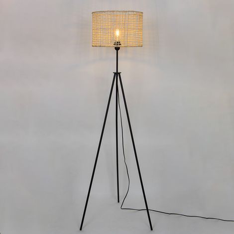 Lampadaire LED 150cm métal noir et rotin naturel – Puissance 60W – Culot E27 – Pour éclairage moderne et vintage – Sampa (1/4)