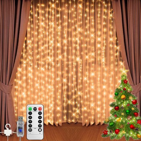 Rideau lumineux 3M × 3M 300LED avec 8 modes, télécommande, minuterie, luminosité réglable, idéal chambre, jardin, fête, mariage (Blanc chaud)