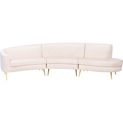 Sofá semicircular 4 plazas de terciopelo beige claro dorado patas metal Moss (1/5)