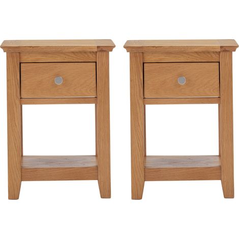 Hallowood Furniture Hereford Set of 2 Small Oak Lamp Table with Drawer and Lower Shelf, Wooden Side Table, Light Oak Plant Stand, Hallway, Living Room and Bedroom Furniture Set, Fully Assembled (1/5)