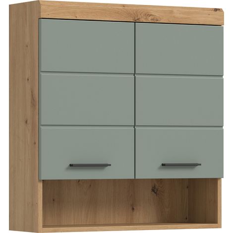 M&S – Meuble de rangement suspendu 2 portes 74x24x79 cm – Chêne brun et kaki – Panneaux de particules – Niche réglable