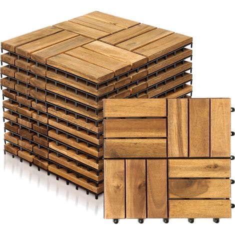Randaco 11 Stück Holzfliesen 12-Latten 1 qm, 30x30cm Terrassenfliesen Klickfliesen Balkonfliesen mit Drainagensystem, Wetterfest aus Akazienholz