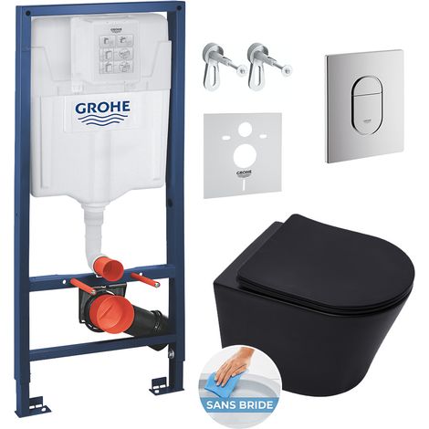 Grohe Soporte para inodoro Rapid SL + Inodoro Infinitio negro mate  sin brida  + Asiento con cierre suave + Placa cromada (ArenaBlackI