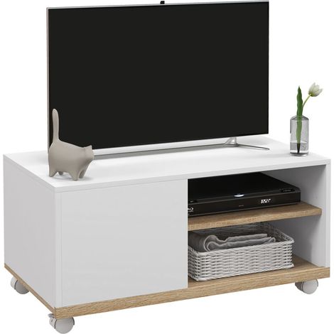 HOMCOM Meuble TV sur roulettes avec 2 Freins - 2 niches + Placard Porte 2 Passe-Fil - en bois Blanc chêne Clair (1/5)