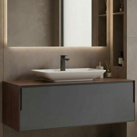 Meuble vasque suspendu blanc 120 cm anthracite et décor noyer 2 tiroirs RIA (1/5)