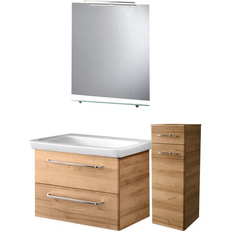 Fackelmann MILANO Badmöbel Set 6-teilig, 80 cm, Braun hell, Spiegel+Ablage+Leuchte+Midischrank"-"90283145 (1/3)