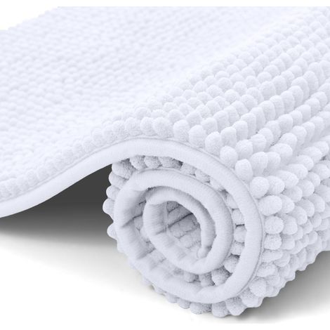 1 Tapis de bain, Chenille, Antidérapant, Absorbant, Lavable, Salle de bain, 40 x 60 cm, Blanc