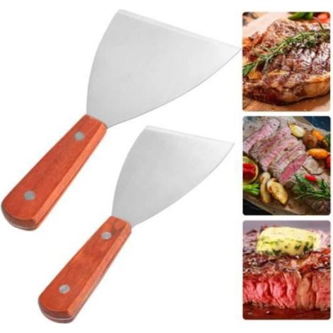 Spatule - Acier Inoxydable 420 - Bord Incliné - Pour Barbecue Plancha Cuisson - 2 Pièces (1/4)