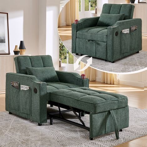 Fauteuil Convertible 1 place - 190x85x86 cm - Fauteuil 3-en-1 avec ports USB Type-C et porte-gobelet - Vert (1/5)