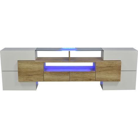 Meuble TV moderne en blanc laqué avec éclairage LED, 200 cm, rangement spacieux (1/5)