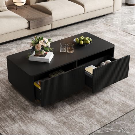 MODFU – Mesa de centro 110x50x35 cm de MDF con 2 cajones y frente ranurado, esquinas redondeadas y carga 30 kg – Negro (1/5)