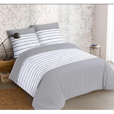 Parure de lit Réversible 100% Coton - MIA Gris/Blanc - Set de Housse de Couette 260x240 cm avec 2 taies d'oreiller pour lit Kingsize 2 Personnes - Fibres Naturelles - Oekotex (1/5)