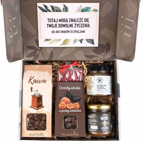 Caja de regalo con café, miel, frutos secos, limones, chocolate, regalo (1/5)
