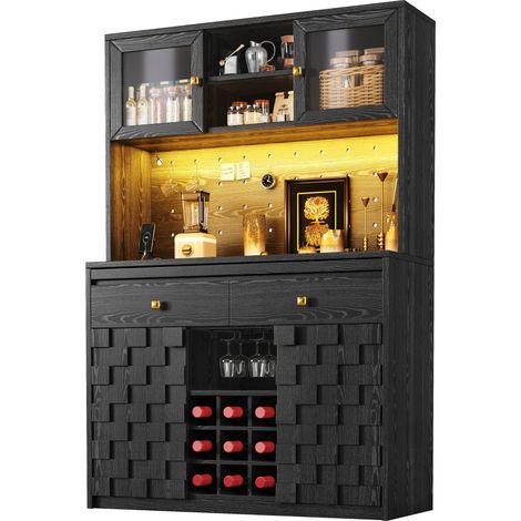 Haut meuble de cuisine multifonction noir avec portes acryliques, étagères réglables, porte-bouteilles, LED RGB, prises USB et 2 prises - CHICFURN (1/5)