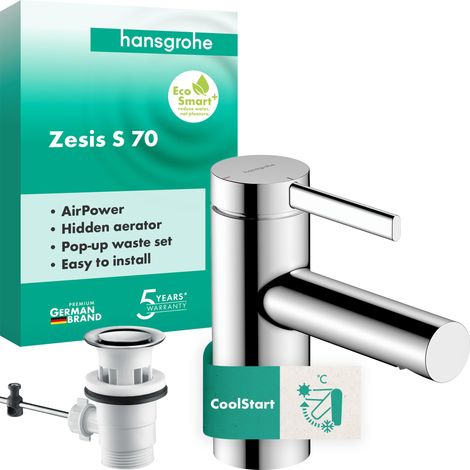 Mitigeur de lavabo avec tirette et vidage, Robinet de salle de bain avec hauteur sous bec 74 mm, max. 4l/min, Chromé, 74710000 (1/5)
