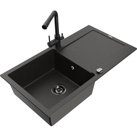 Mexen Leo lavello in granito a 1 vasca con scolapiatti e miscelatore cucina Duero, nero/oro metallizzato - 6501-75-671600-70-B (1/5)
