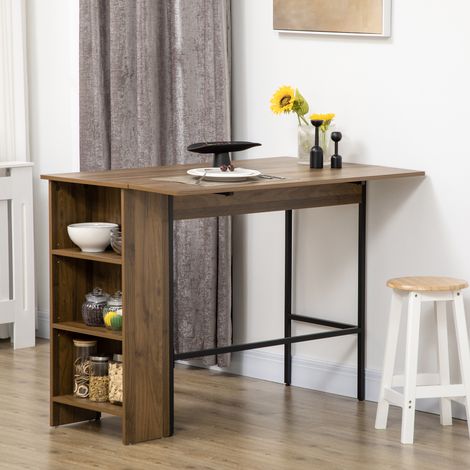 Ilot centra table de bar plateau latéral rabattable et 3 étagères 120 x 76 x 91.4 cm marron