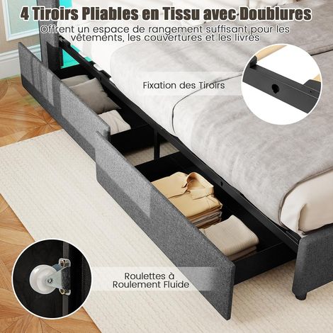 GOPLUS Lit LED Plateforme 140x200/160x200CM Couleur et Luminosité Réglables et Station de Charge, Cadre de Lit avec Musique, Minuterie, Télécommande Tête de Lit et 4 Tiroirs Rangement (160x200CM,Gris) (1/5)