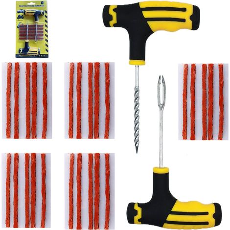 Kit de Réparation Crevaison Voiture, Kit Meche Pneu Voiture, Inclut 25 Bande de réparation de pneus,1 Foret fileté, 1 Foret fourchu,pour Auto, Motos, VTT, Tracteurs (1/5)