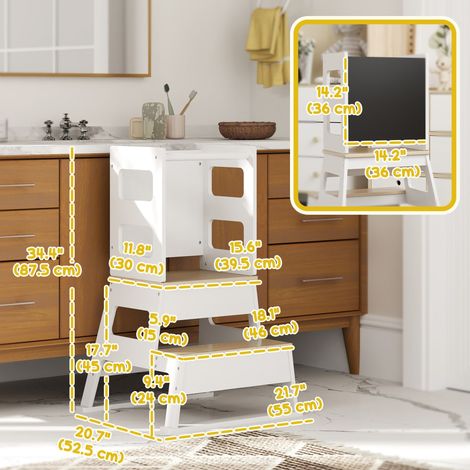 Tour d'aide à la cuisine 2 en 1 blanche pour tout-petits, avec tableau noir et barrière de sécurité pour comptoir et lavabo de salle de bain (1/5)
