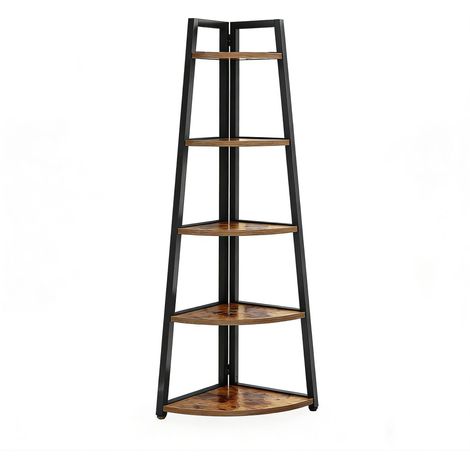 Étagère d’angle haute à 5 niveaux, meuble de rangement compact pour salon, chambre ou bureau, structure métal et bois, noire, idéale pour petits espaces, CHICFURN (1/5)