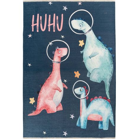 Tapis enfant doux dinosaures espace antidérapant washable - Bleu nuit avec dinosaures pastel (1/3)