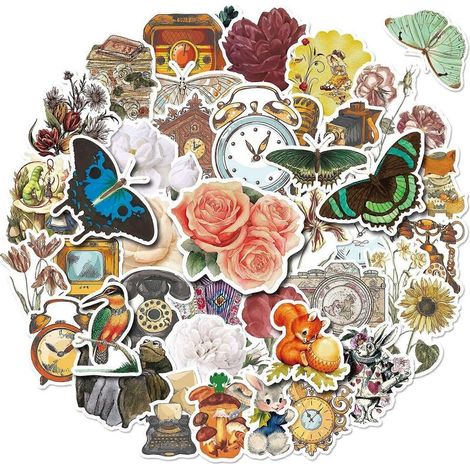 Lot de 50 autocollants rétro fleurs, plantes, papillons et animaux – imperméables, résistants aux UV, adaptés à tous vos appareils (1/5)