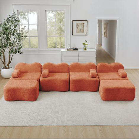 Canapé modular en U de terciopelo naranja, 4 plazas, sin estructura, con 2 otomanas y cojín de brazo móvil (1/5)