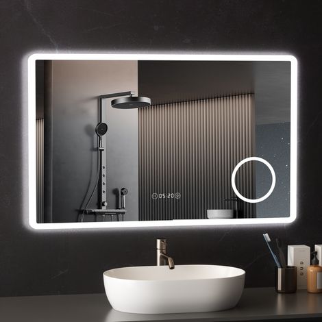 Miroir LED Intelligent avec Heure et Température AquaWise Loupe Grossissante 3X Intégrée - Anti-buée - 120 LEDs/m - Miroir Lumineux Dimmable 10060cm