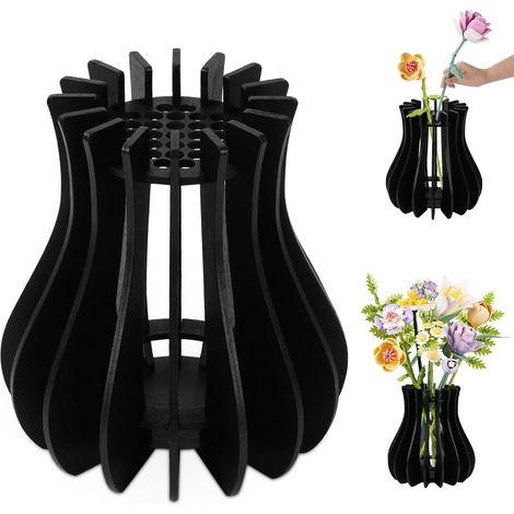 Vase Puzzle en Bois - 1 Unité - Style Rustique Moderne - Support pour Fleurs Artificielles - Salon et Bureau - Noir (1/5)