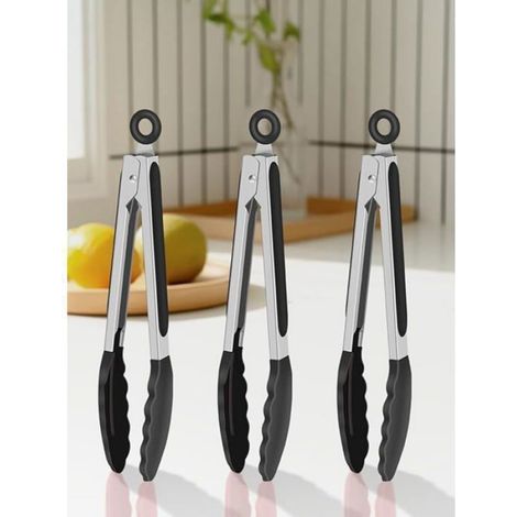 Mini pinces de cuisine - 3 pièces, 17.8cm silicone embouts anti-adhésifs cuisine service - Noir (1/5)