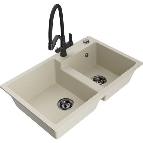 Mexen Tomas fregadero de granito de 2 compartimentos con grifo de cocina Duo, beige - 6516-69-671701-70-B (1/5)