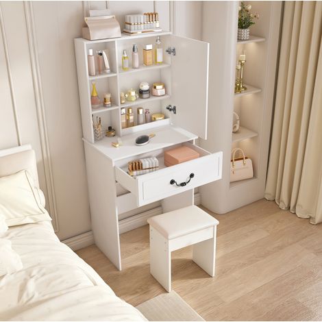 Tavolo trucco 60/131,5/36 cm bianco con LED, specchio integrato e sgabello imbottito (1/5)