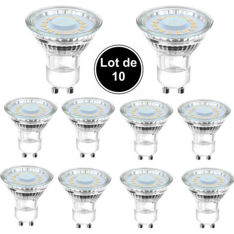 10 ampoules LED GU10 équivalentes à une ampoule halogène de 50 W, 4 W, éclairage blanc lumière du jour 6500 K, faisceau coudé à 120°.