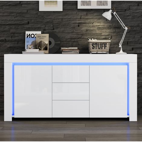 Credenza MDF bianco lucido 140 x 40 x 65 cm con 2 ante, 3 cassetti, ripiani regolabili e LED (1/5)