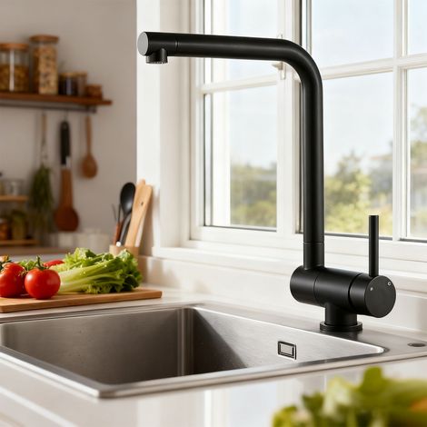 Océan Robinet de cuisine sous fenêtre mitigeur rabattable, Bec 360° rotatif + rotation globale 360°, acier inoxydable 304, finition noir mat (1/4)