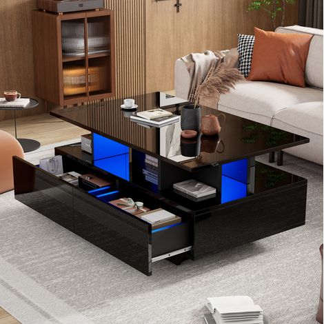 Tavolino in legno 90x55x41 cm con illuminazione LED, 2 cassetti e ripiano aperto, nero (1/5)